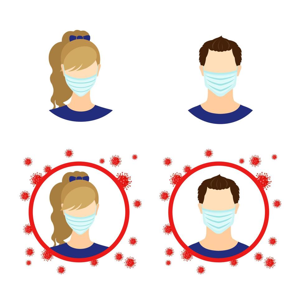 Set of Men and Woman icon with medical mask in flat style isolated on white background. People in flue mask with coronavirus bacteria. Stop epidemic and allergy concept. Vector illustration.