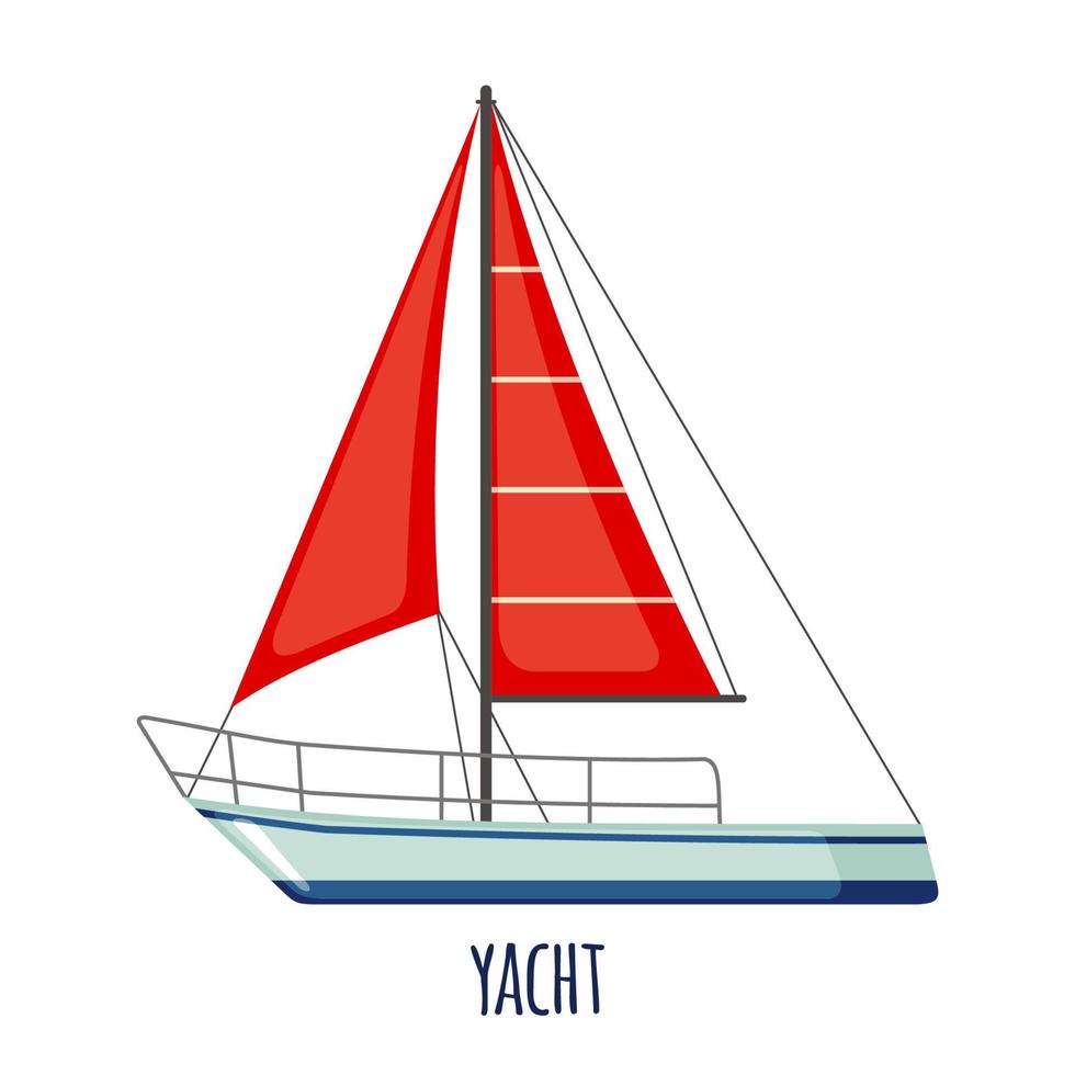 Sailing yacht icon with red sail in flat style isolated on white background. Vector illustration.