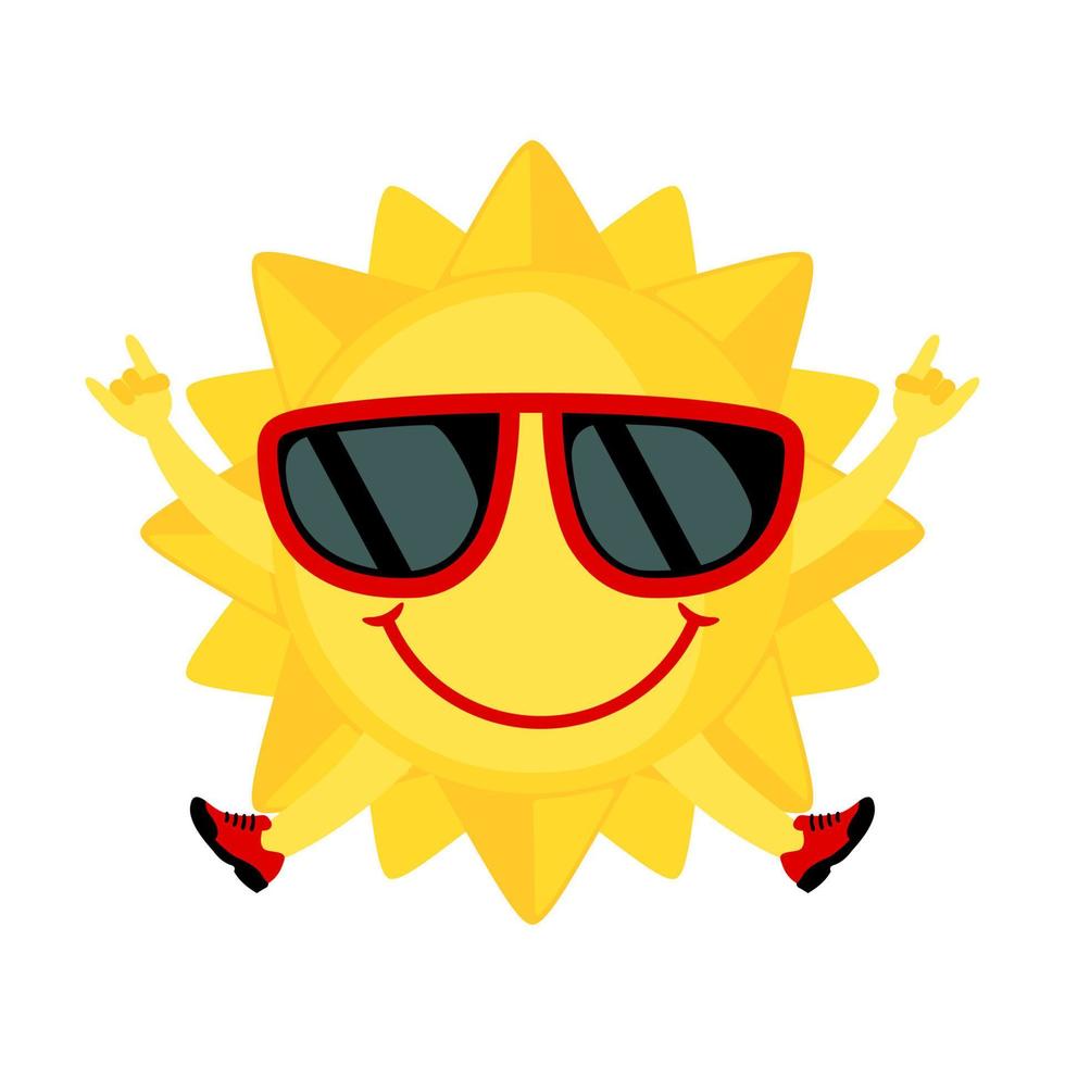 sol divertido con icono de gafas de sol en estilo plano aislado sobre fondo blanco. sol sonriente de dibujos animados. ilustración vectorial vector