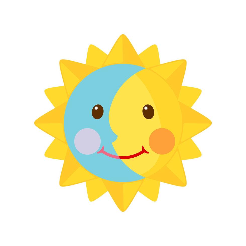 Cute Moon and Sun icon in flat style isolated on white background. Day and night concept. Vector illustration.