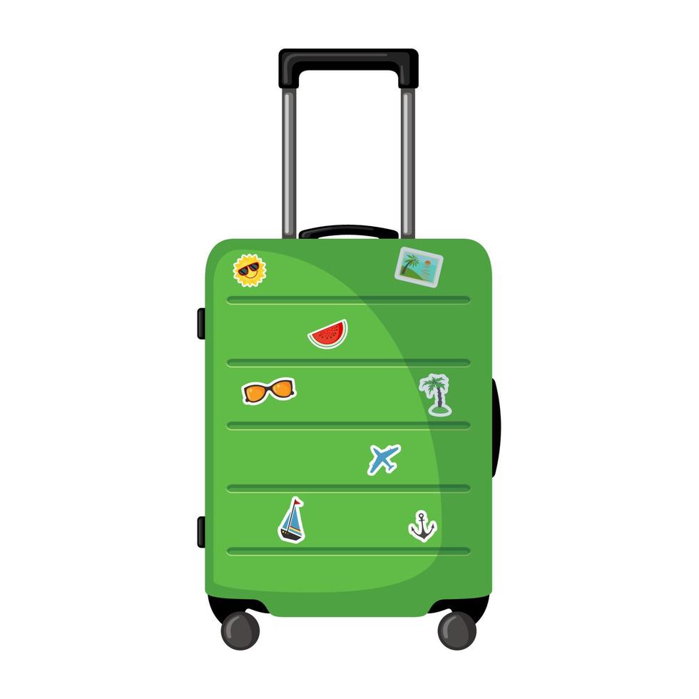 maleta de viaje con ruedas y pegatinas en estilo plano aislado sobre fondo blanco. icono de equipaje verde para viaje, turismo, viaje o vacaciones de verano. vector