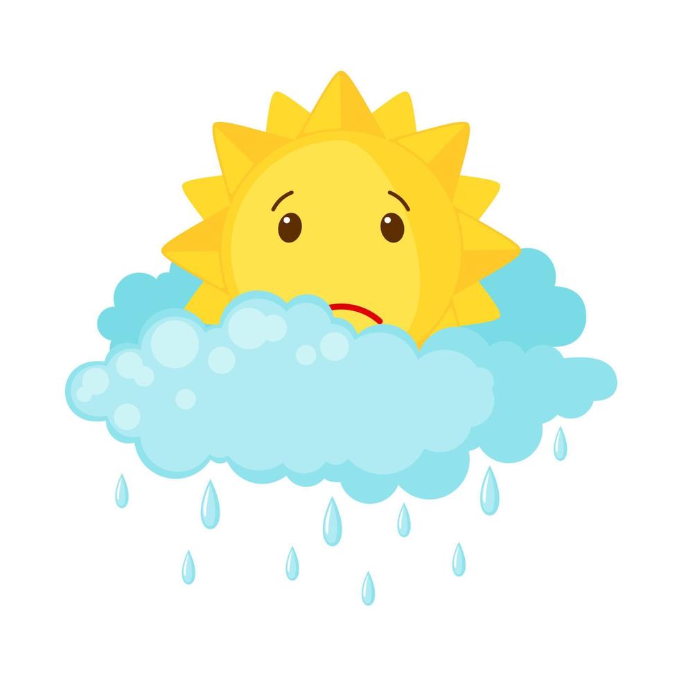 Cute sun with clouds and rain isolated on white background. Icon in flat style. Weather concept. Vector illustration.