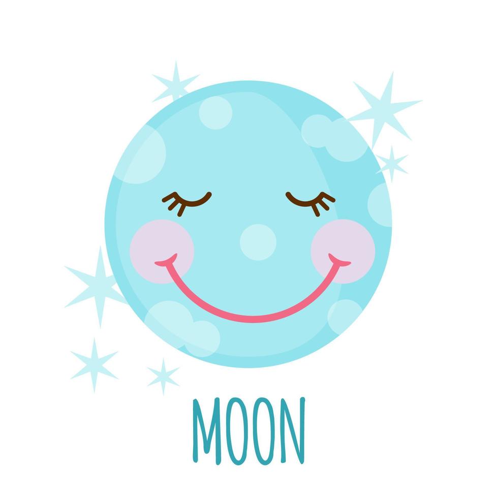 Cute moon icon with stars in flat style isolated on white background. Vector illustration.