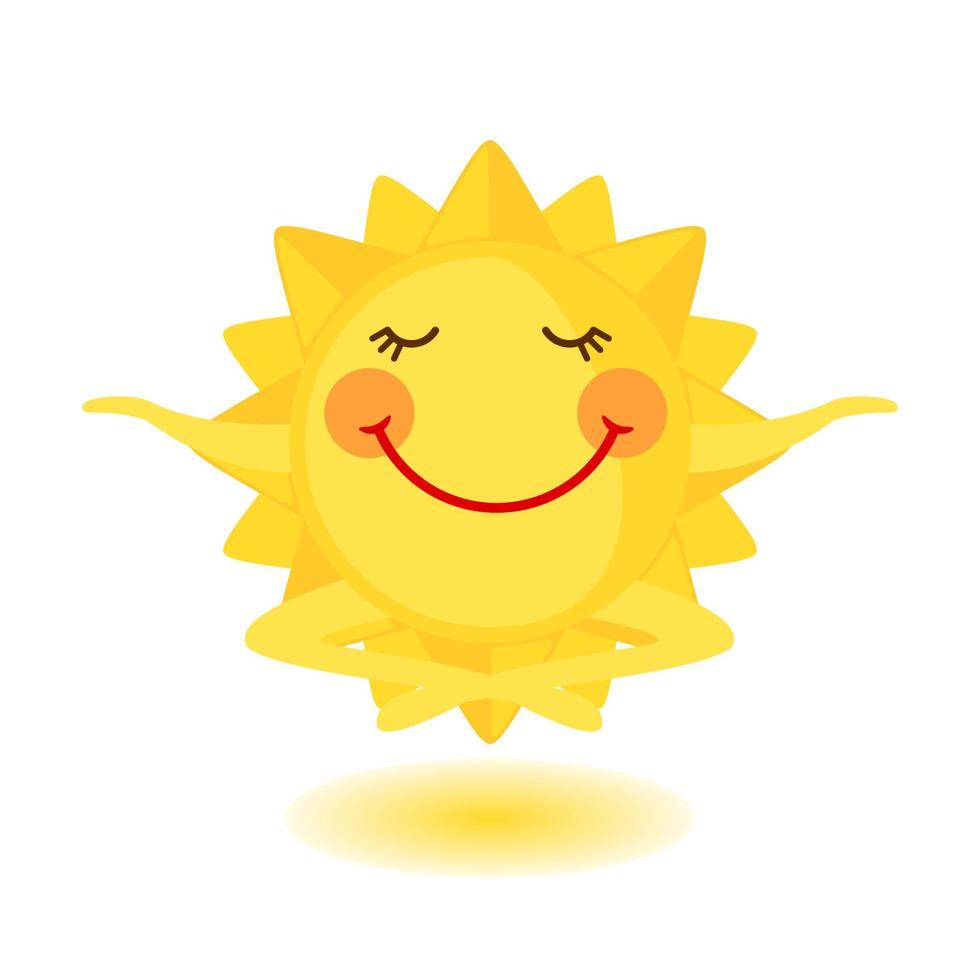 Cute sun is meditating in flat style isolated on white background. Summer Icon in flat style. Vector illustration.