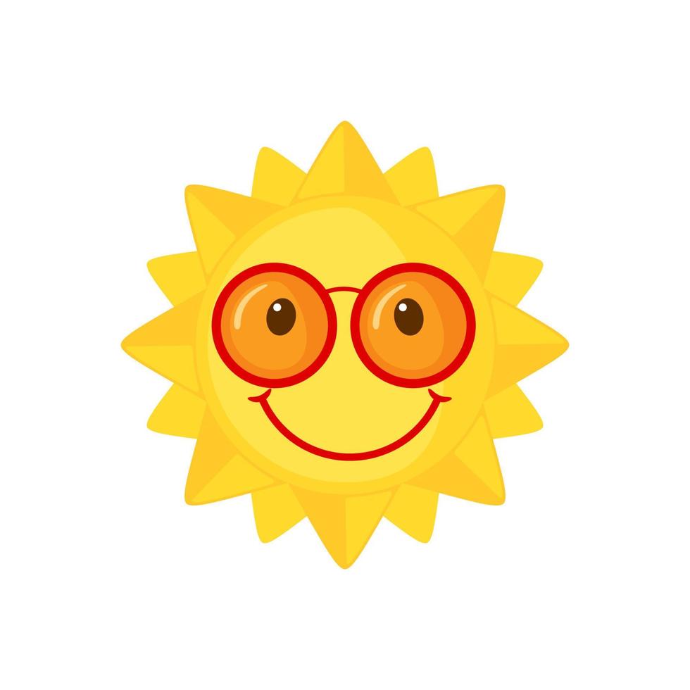 sol divertido con icono de gafas de sol en estilo plano aislado sobre fondo blanco. sol sonriente de dibujos animados. ilustración vectorial vector
