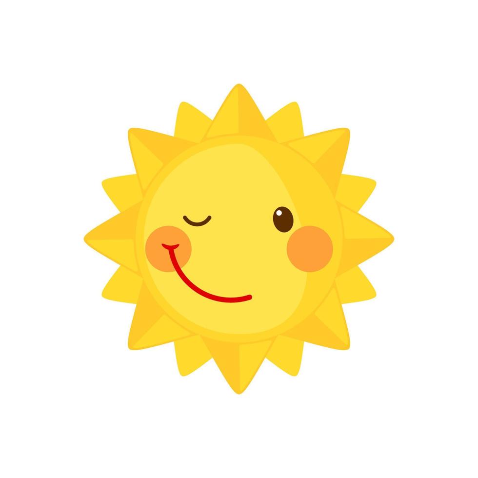 divertido icono de sol guiñando un ojo en estilo plano aislado sobre fondo blanco. sol sonriente de dibujos animados. ilustración vectorial vector