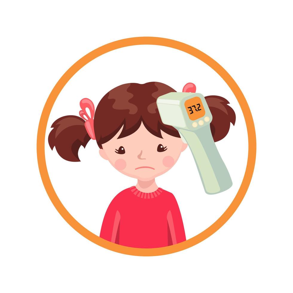 A girl with contactless infrared thermometer isolated on white background.Illustration in flat cartoon style. Vector illustration.