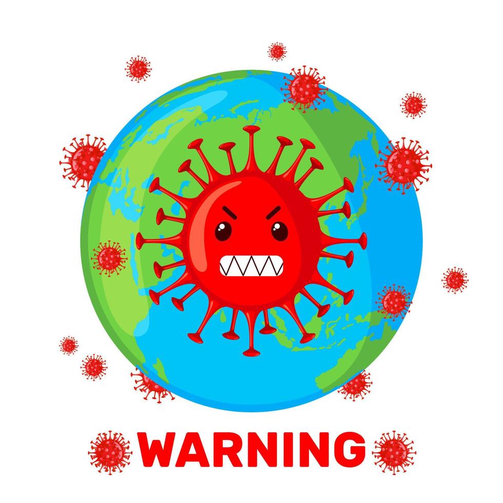 Planet Earth with cartoon Coronavirus Bacteria in flat style isolated on white background. 2019-nCoV consept. Covid-19 pandemia. Vector illustration.