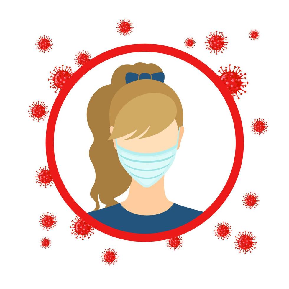 icono de mujer en máscara médica con bacterias coronavirus en estilo plano aislado sobre fondo blanco. detener el concepto pandémico covid-19. ilustración vectorial vector