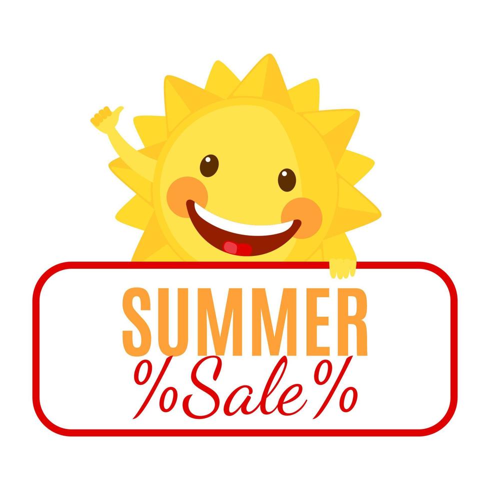 Funny Sun icon in flat style isolated on white background. Summer sale poster or banner. Smiling cartoon sun. Vector illustration.