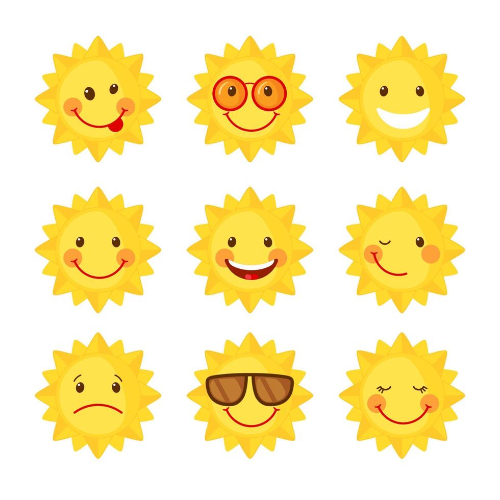 Set of cute Sun icons in flat style isolated on white background. Emoji. Smiling cartoon summer emoticons. Vector illustration.
