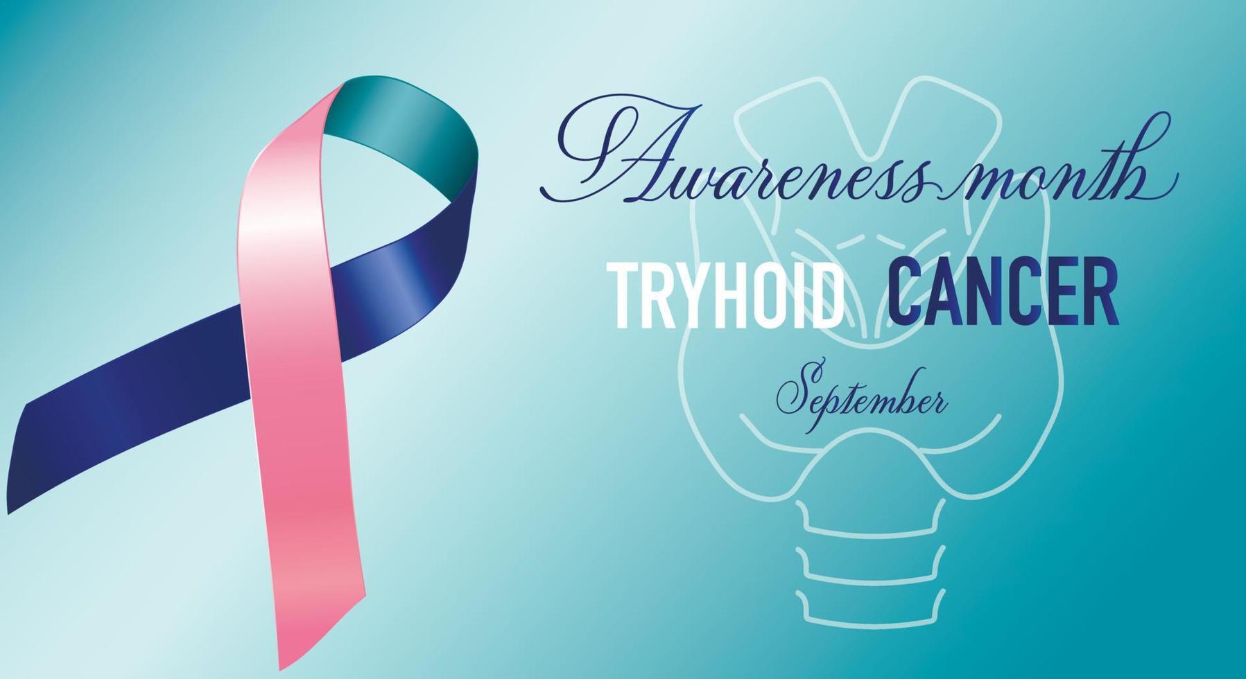 Thyroid Cancer Awareness Month. Realistic turquoise pink blue ribbon symbol. Medical design. Poster. Vector illustration