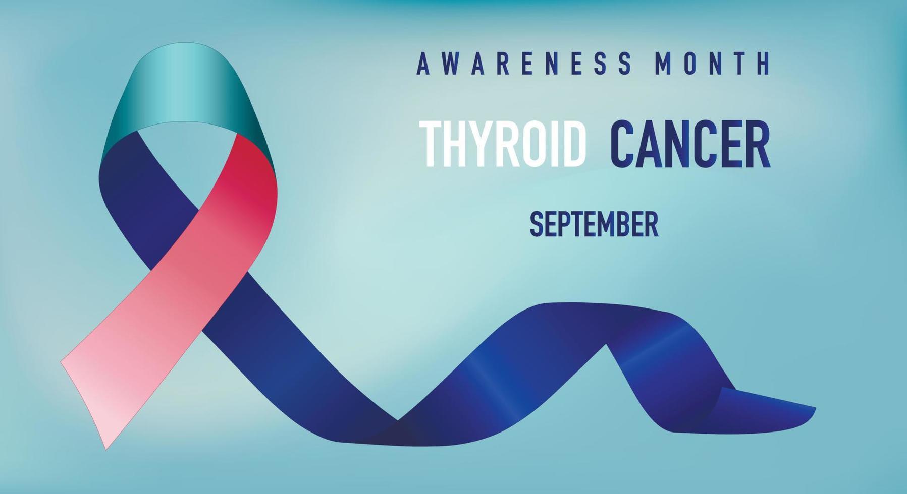 Thyroid Cancer Awareness Month. Realistic turquoise pink blue ribbon symbol. Medical design. Poster. Vector illustration.