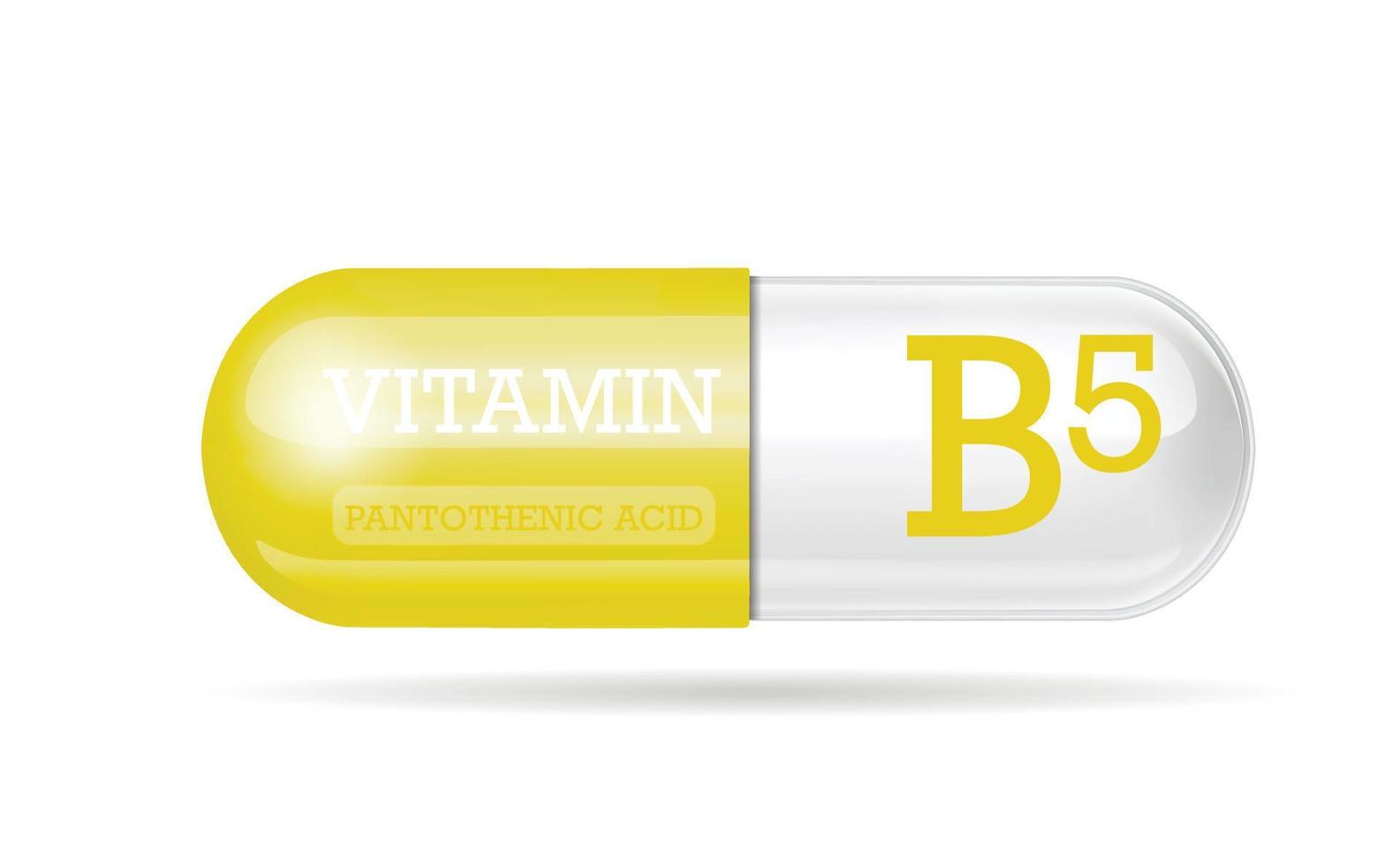 Vitamin B5 capsule, yellow-white structure. 3D Vitamin complex with chemical formula. Personal care, beauty concept. copy space. Vector illustration