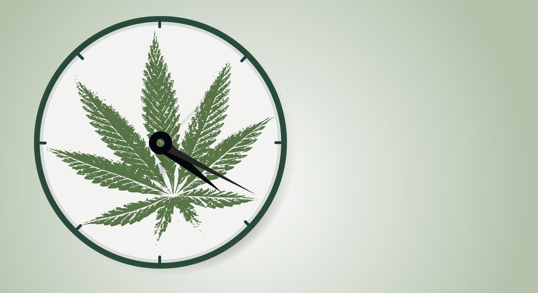 hoja de marihuana, cannabis medicinal en un reloj clásico con manecillas que muestran la hora de 4 horas y 20 minutos. cannabis en línea. copie el espacio,. ilustración vectorial vector