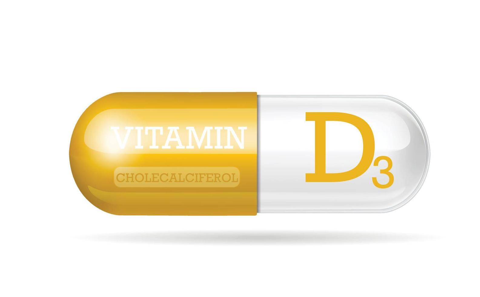 Vitamin D3, Cholecalciferol, two-color capsule, tablets, dietary supplement, on a white background. Vector illustration