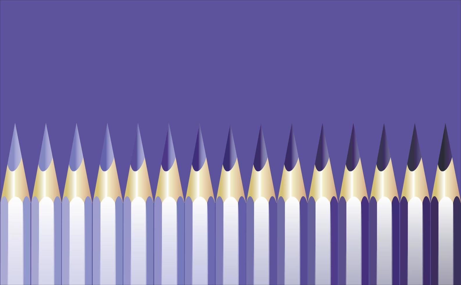 Realistic pencils, sharpened in shades of blue to purple, lined up like a wall against a trendy purple background in Very Peri. Close-up. copy space. Vector illustration
