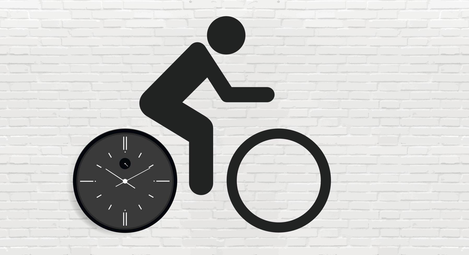 A cyclist riding a bicycle and painted black, with a clock with a dial and arrows in the form of bicycle wheels against a gray brick wall. Copy space. Vector illustration