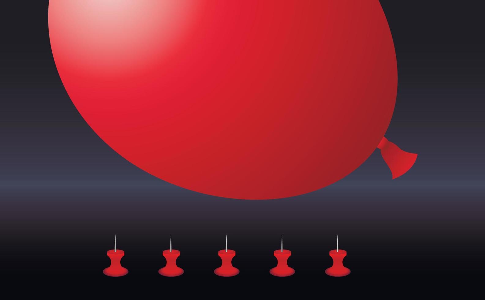 la aguja está a punto de reventar la bola roja. la forma más fácil de deshacerse del concepto de problemas, deudas, estrés. fondo negro. copie el espacio vector