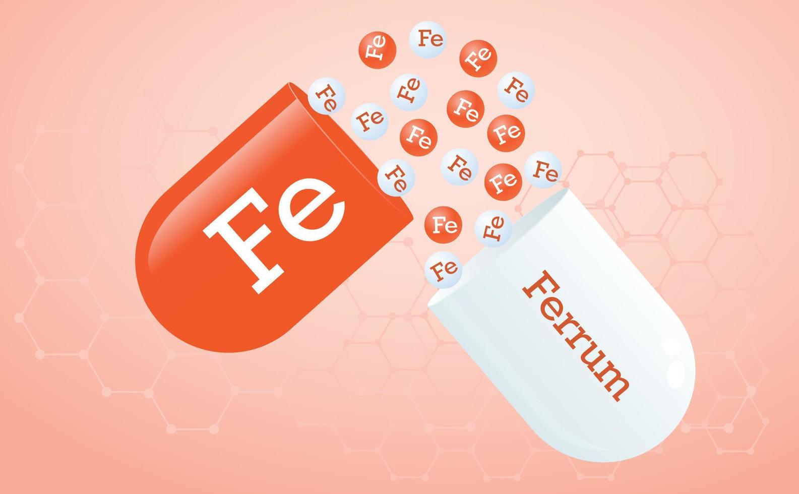 Iron, trace element. Capsule with Fe element icon. Healing minerals. Medical background honeycomb grid of hexagons in red. Poster. Vector illustration