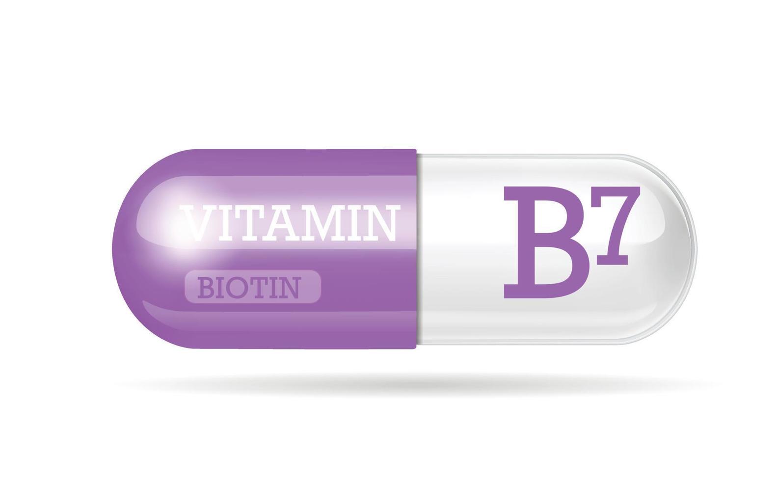 cápsula de vitamina b7, tiamina, estructura púrpura, blanca. Complejo vitamínico 3d con fórmula química. cuidado personal, concepto de belleza, cápsula transparente de píldora. concepto de negocio de drogas. vector