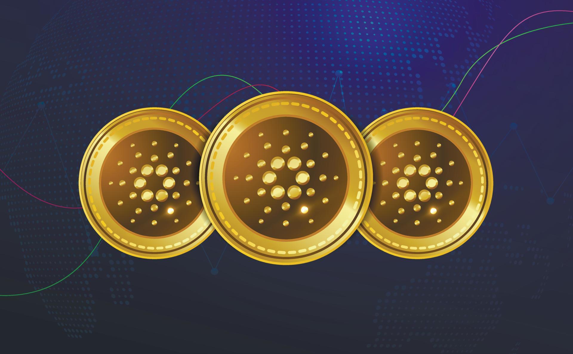 Cardano token symbol. Set of golden realistic cryptocurrency coins on