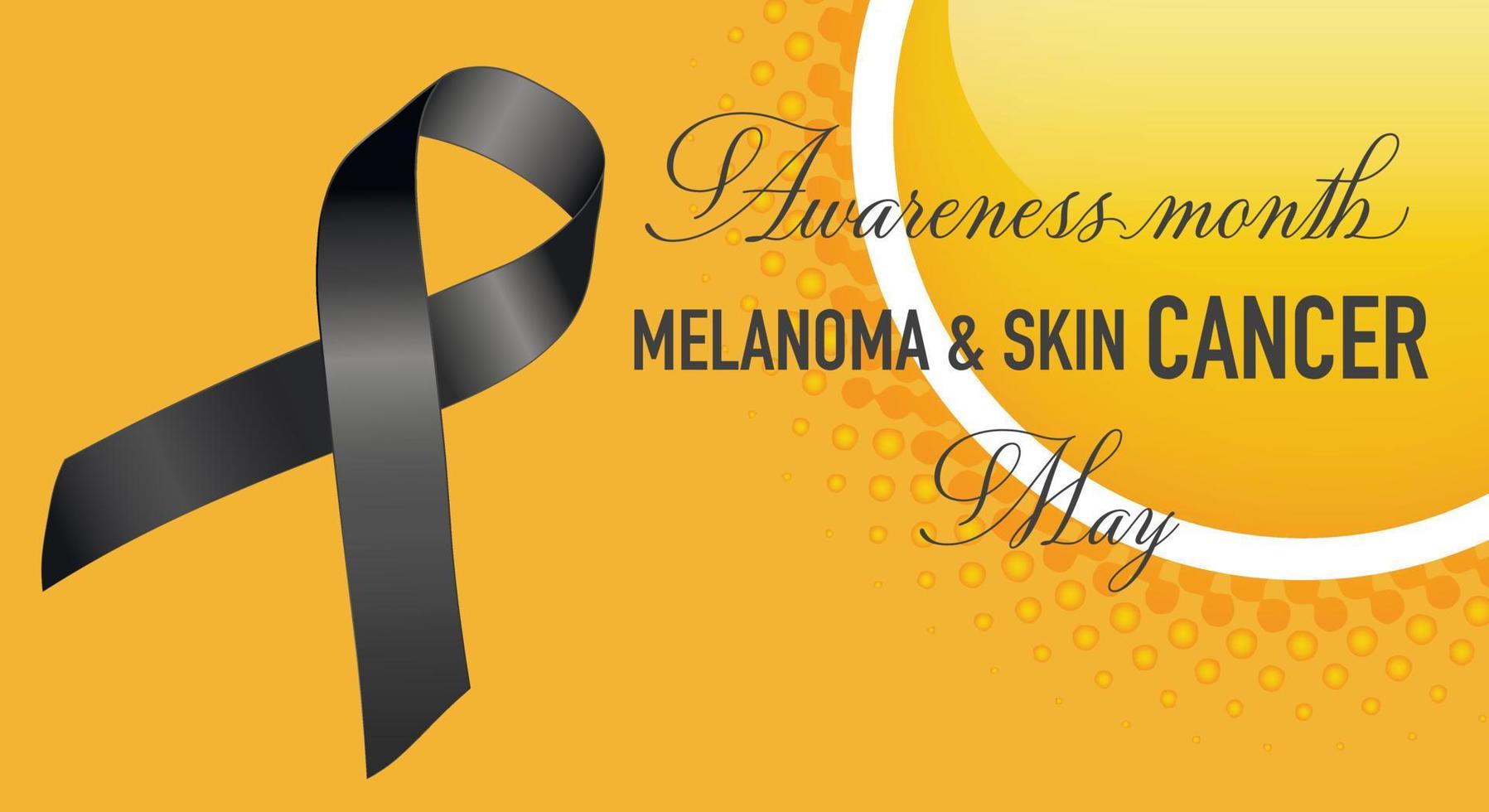 Melanoma and Skin Cancer Awareness Month. Black ribbon on gradient orange background and sun icon. Exposure to ultraviolet UV rays occurs in May. Vector illustration