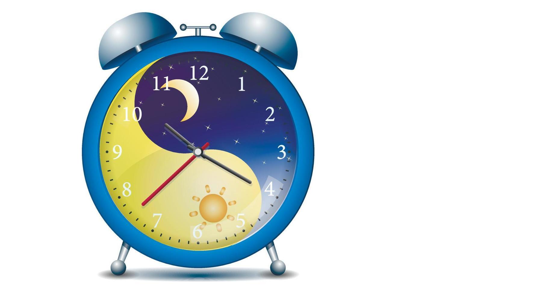 Clock, alarm clock with day and night clock face concept with moon and sun. Copy space. Vector illustration