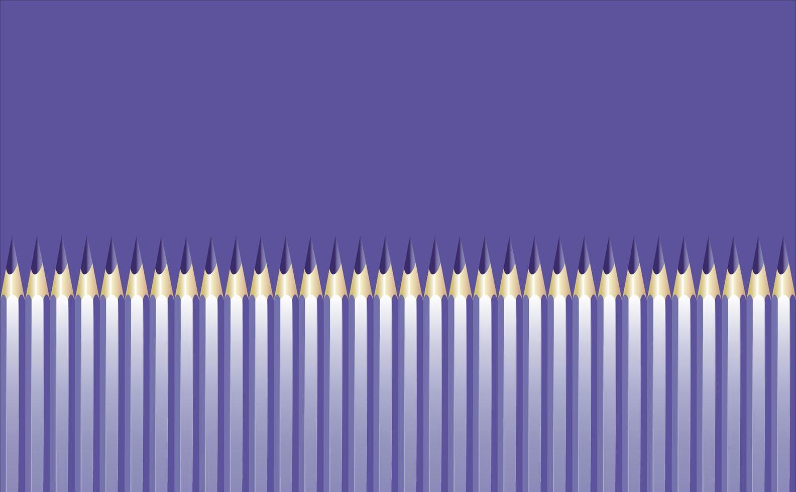 lápices realistas, afilados, morados, dispuestos en fila en forma de pared sobre un fondo morado de moda en muy peri. copie el espacio ilustración vectorial vector