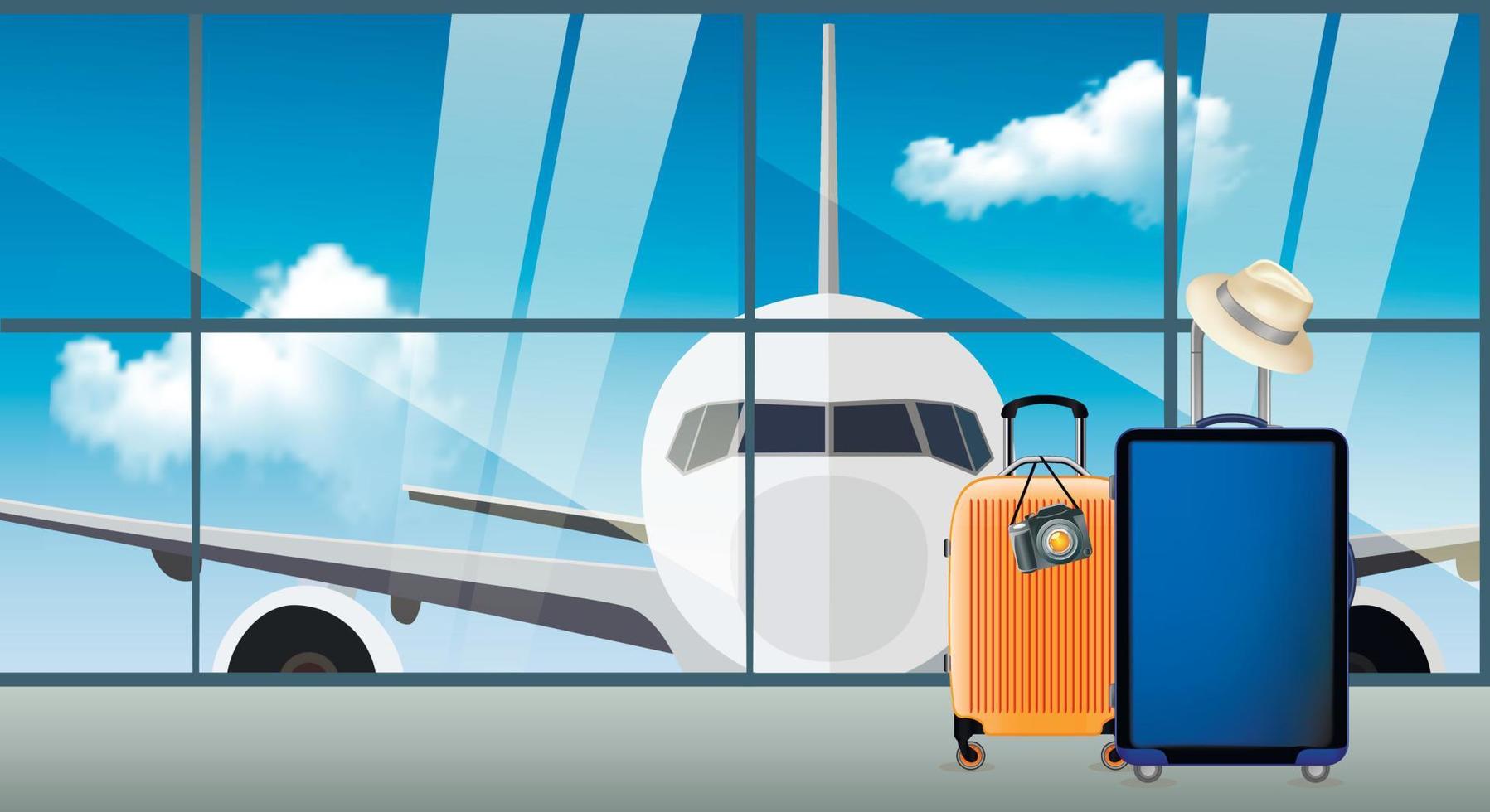 Early booking of air travel and flights around the world, realistic airplane composition and multi-colored suitcases. Vector illustration
