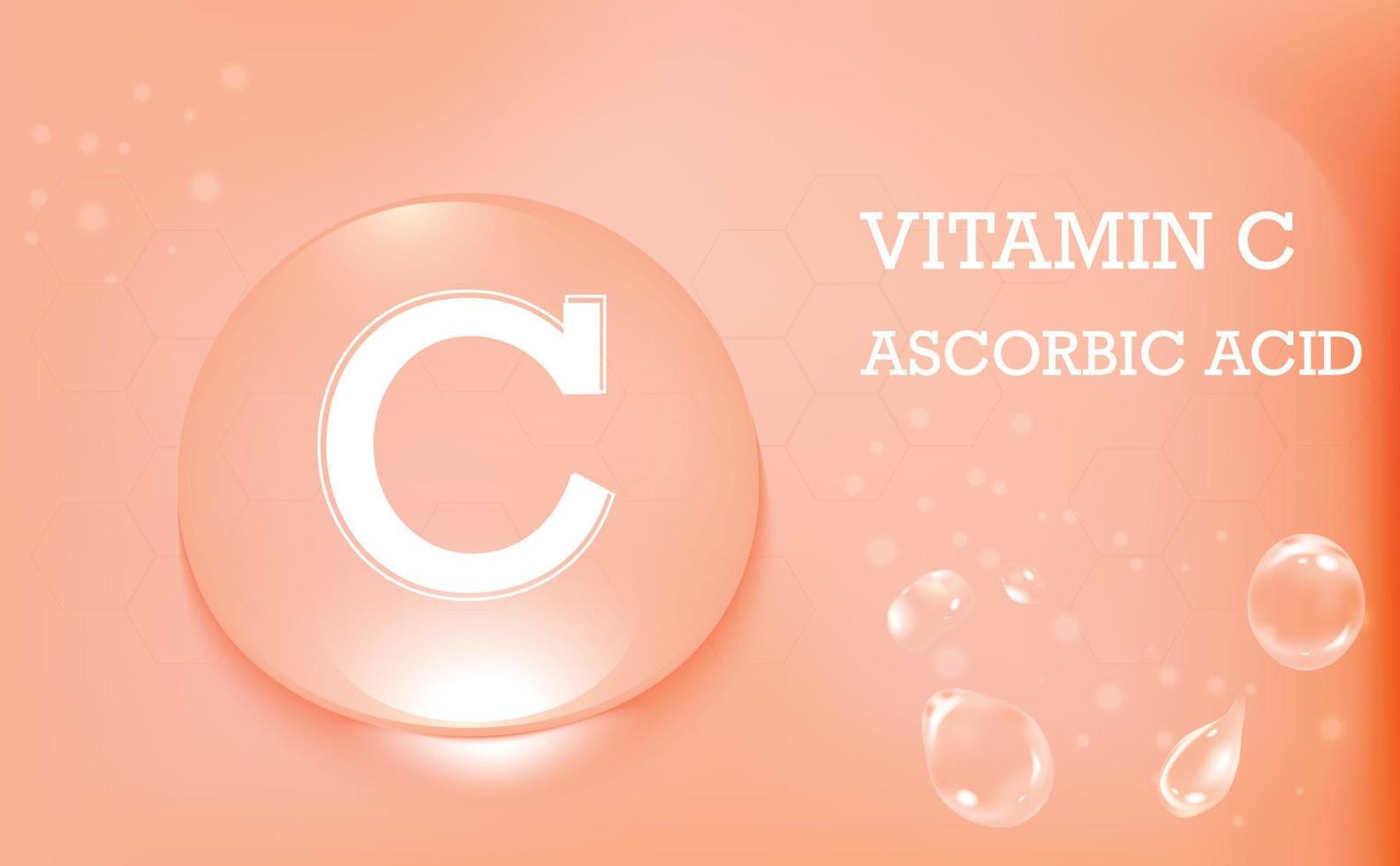 Golden glow of vitamin C. Ascorbic acid. Drops of water on an orange background. Skin care. Vector illustration