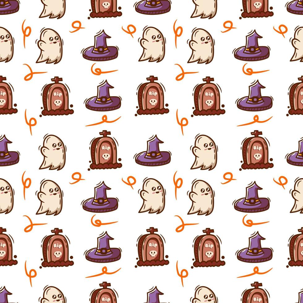 cute seamless pattern background halloween with skull, tombstone, pot vector
