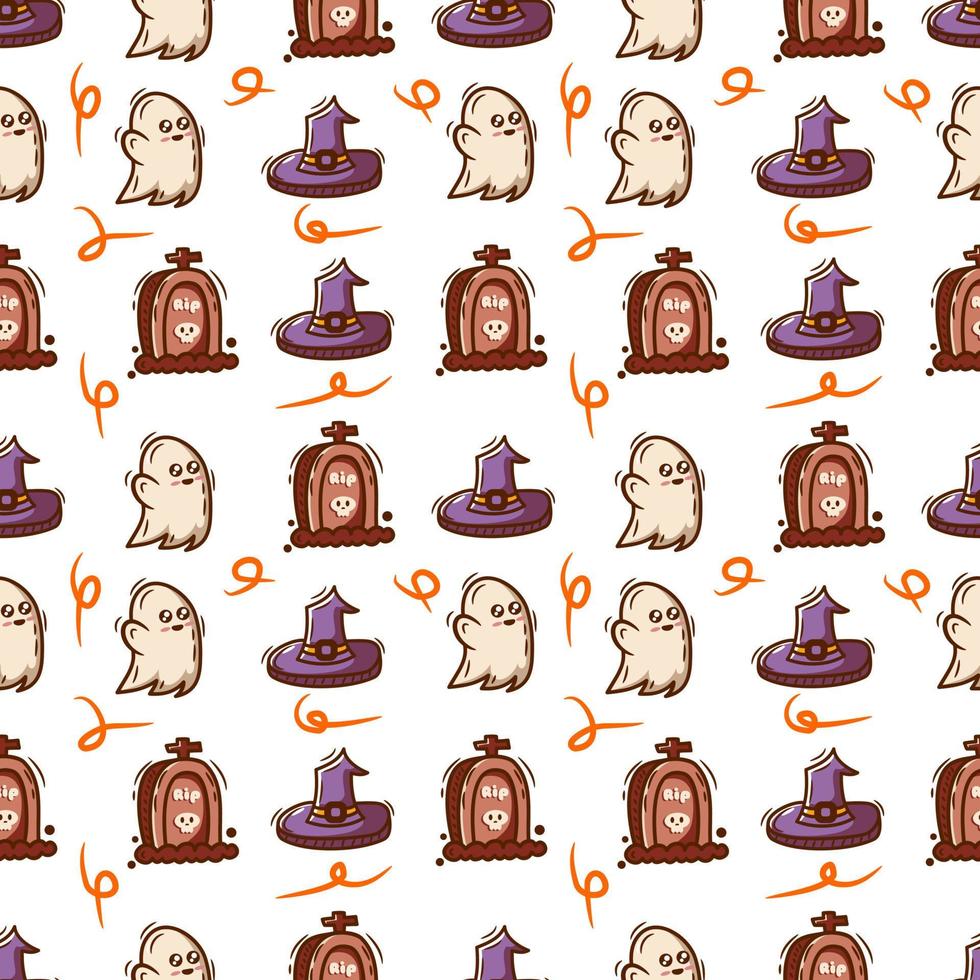 cute seamless pattern background halloween with skull, tombstone, pot vector