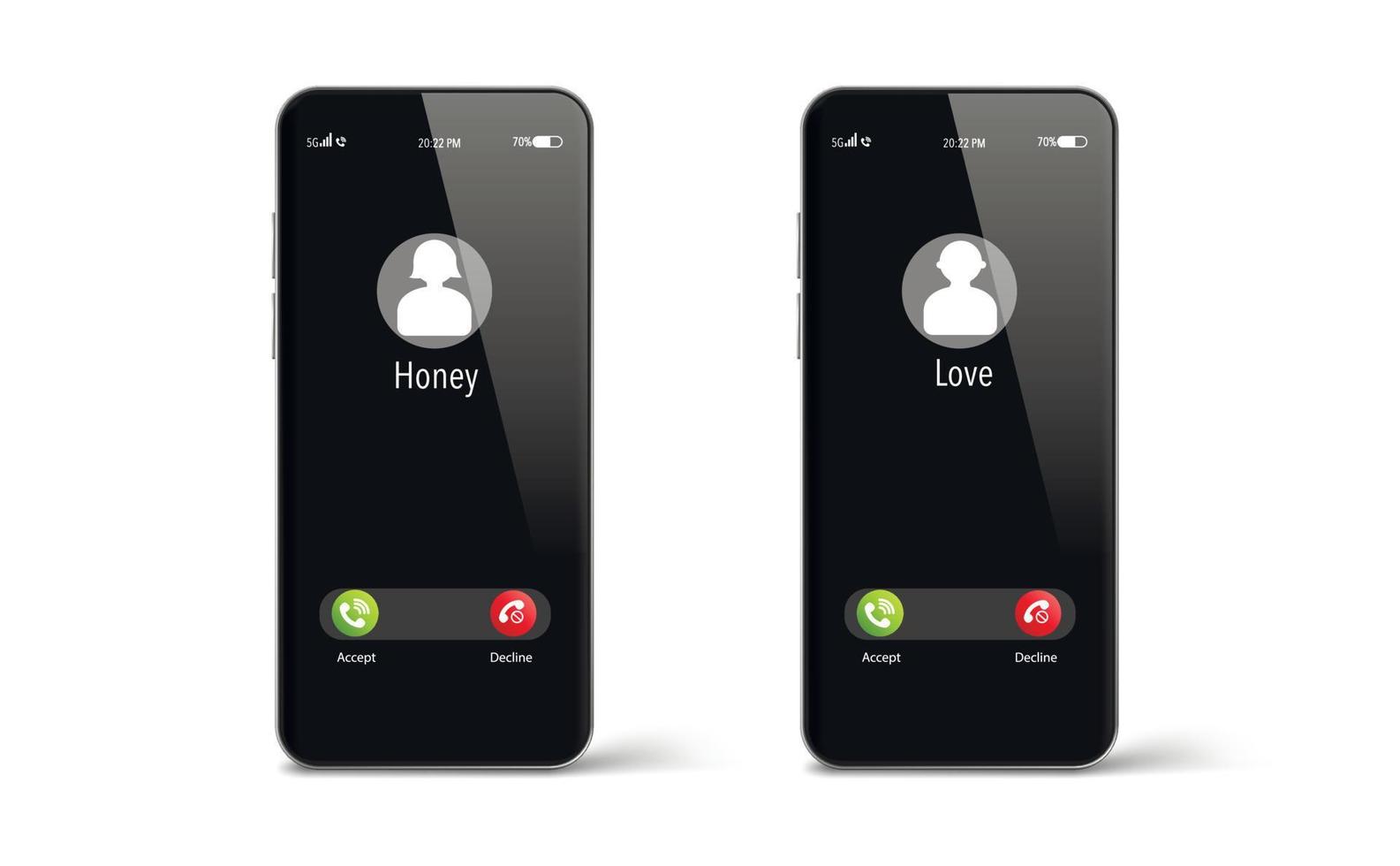 Incoming call on smartphone screen. Incoming calls from honey and love. Flat design vector illustration. Modern concept for web banners, websites. Call service. Vector illustration