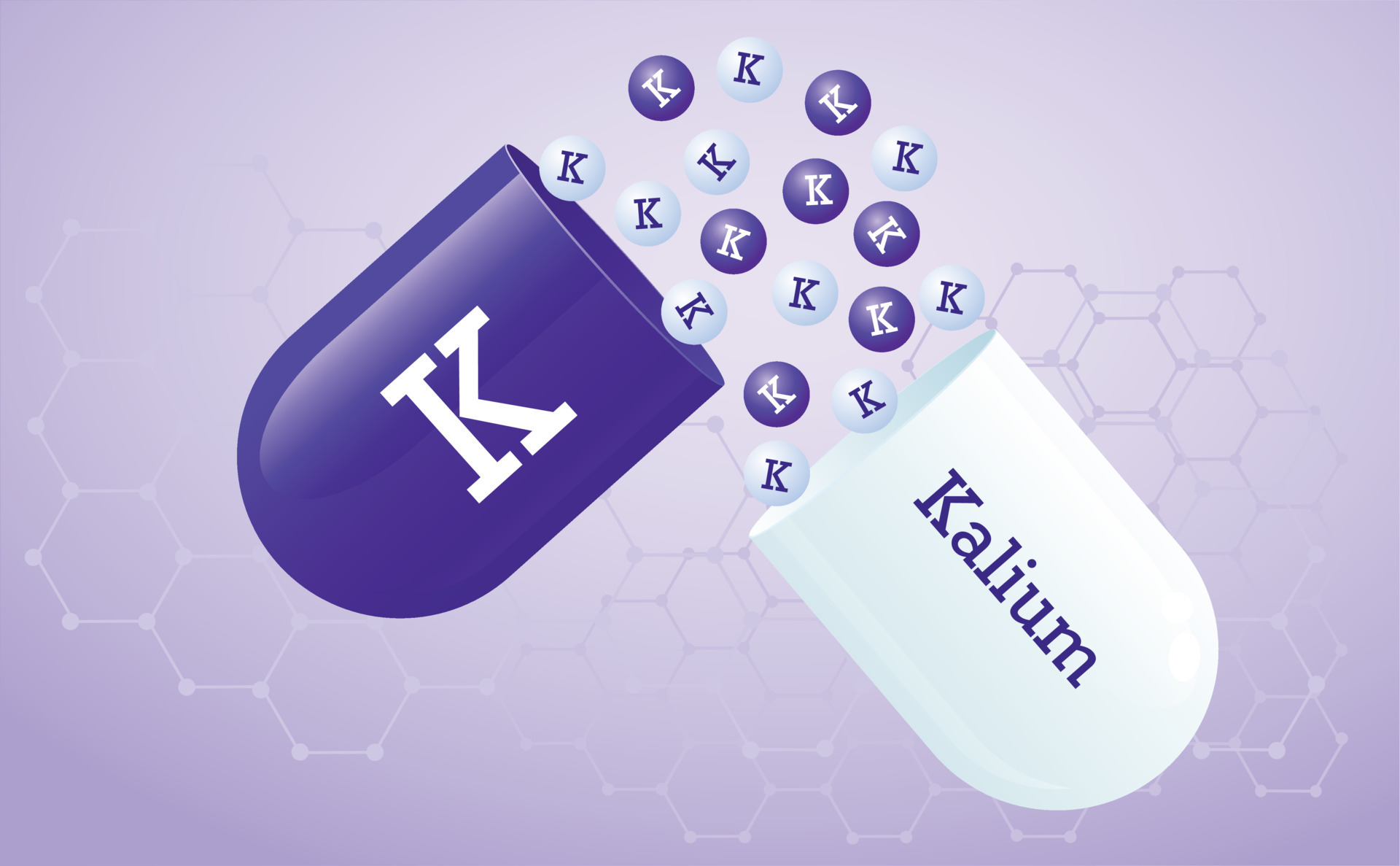 Mineral and vitamin supplement Kalium for health. Capsule with K element icon, healthy food