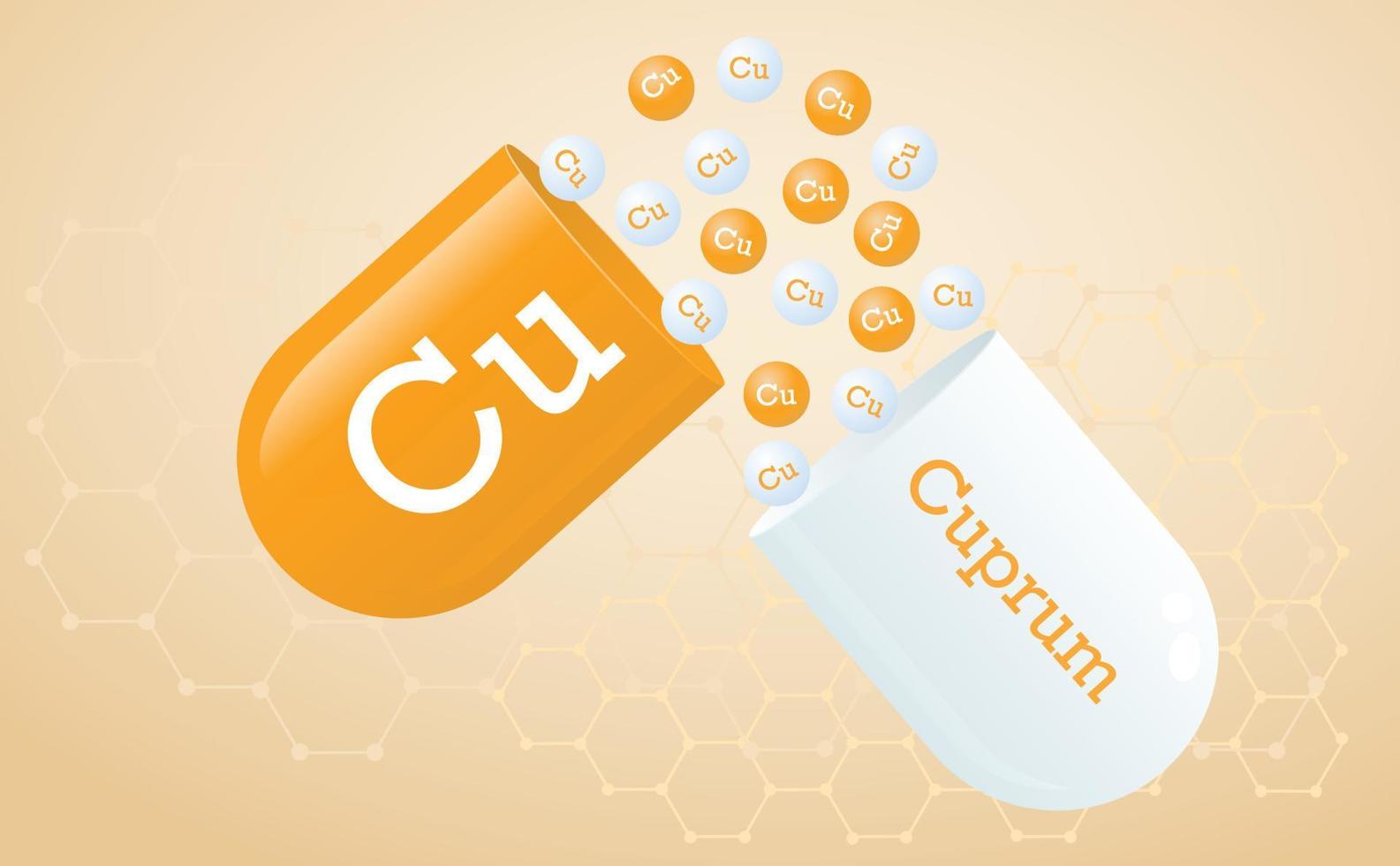 Cuprum is a micronutrient. Capsule with Cu element icon. Healing minerals. Medical background honeycomb grid of copper color hexagons. Poster. Vector illustration