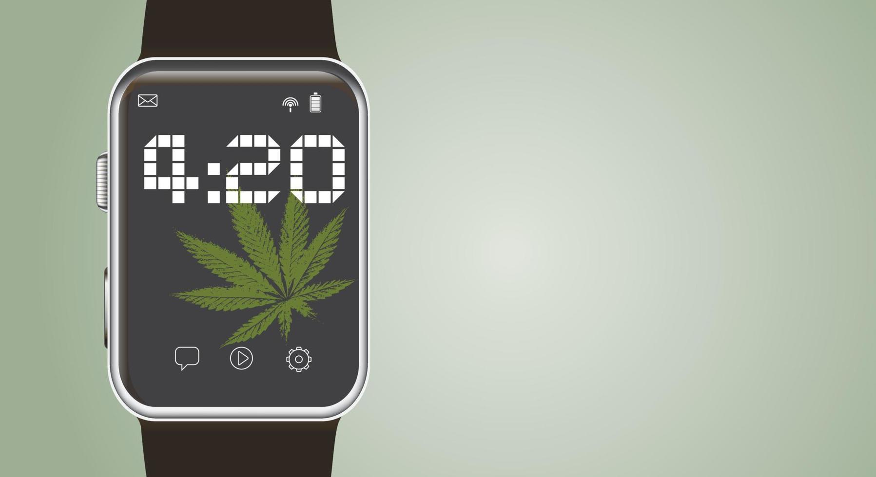 Marijuana leaf, medical cannabis on a wrist electronic clock showing the time of 4 hours 20 minutes. Cannabis online. Classic background. Copy space. Vector illustration