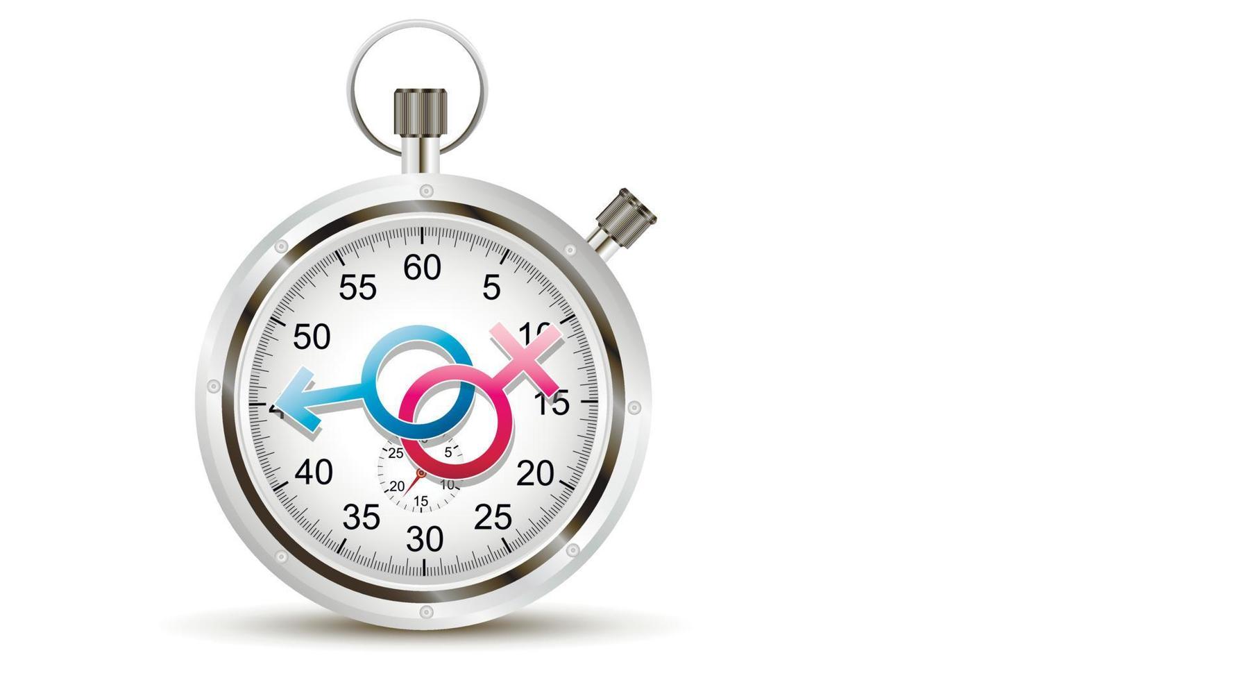 Stopwatch showing the time of the first sex. Male and female icon, symbolizing the beginning on the dial. last countdown. Vector illustration