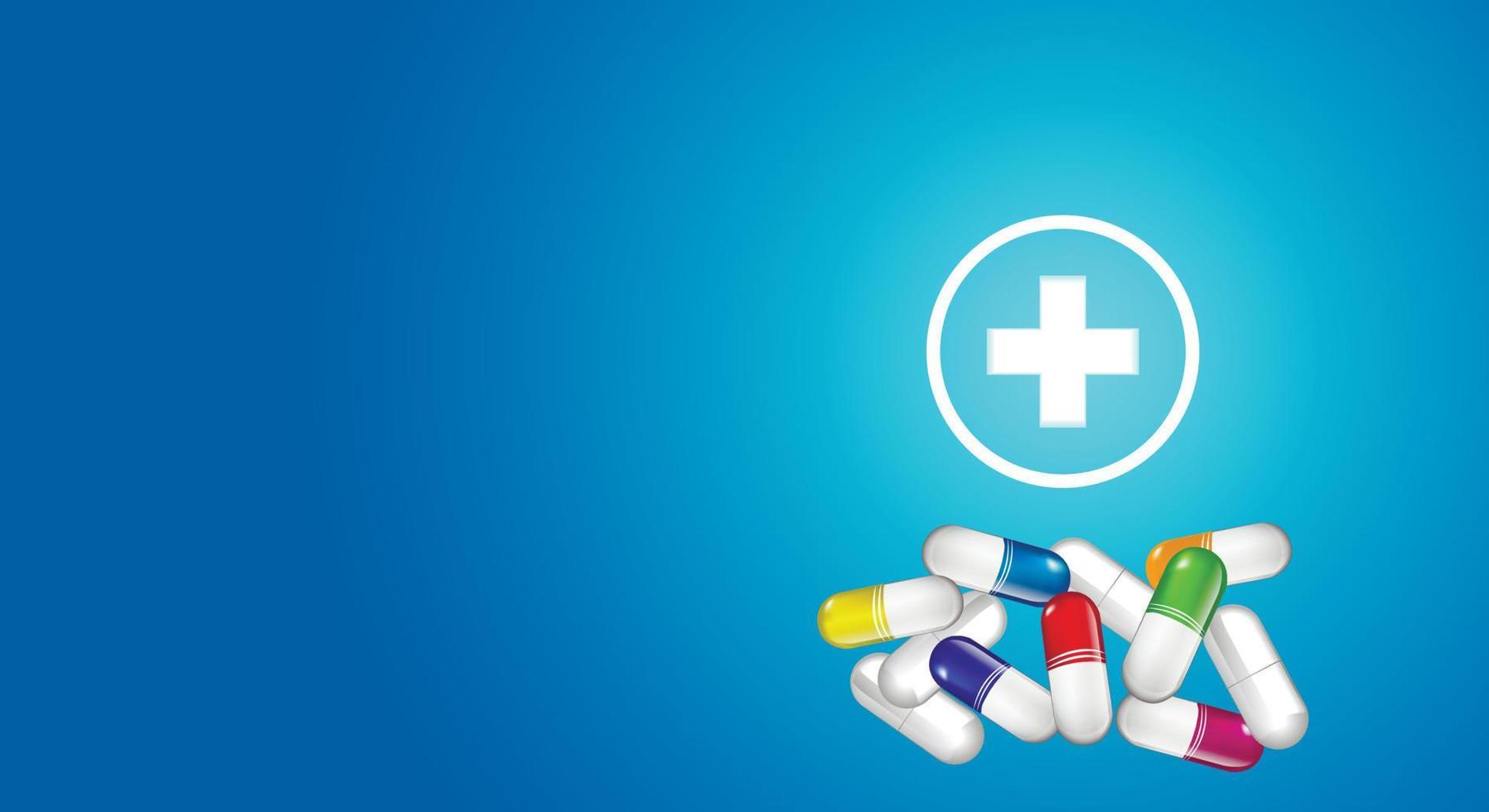 Colorful pills, capsules, glowing cross on a blue gradient background. Medicine health care symbols. Copy space. Vector illustration
