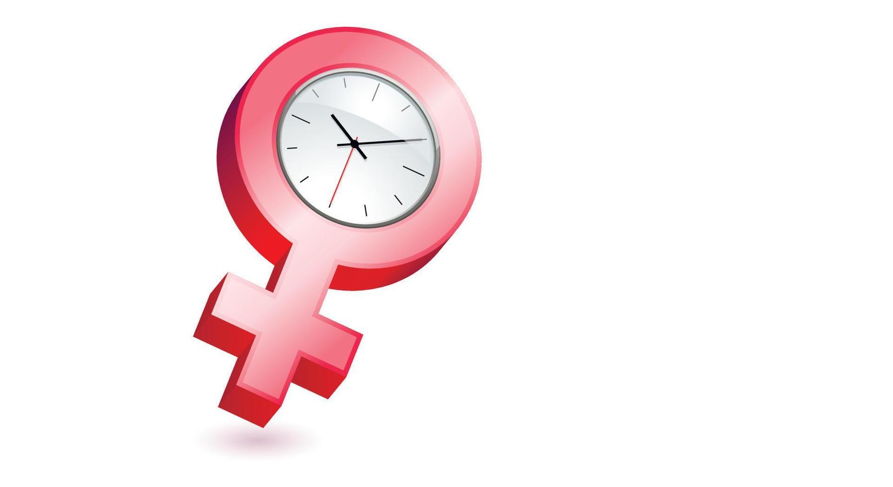 Pink female gender symbol with clock and hands, symbolizing women's health. Copy space. Vector illustration