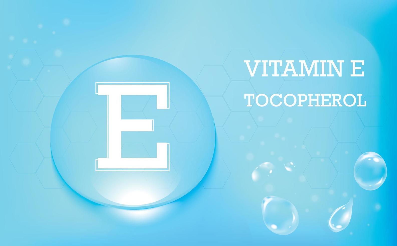 Water drop with Vitamin E, tocopherol, blue color and structure. Vitamin complex. Beauty nutrition skin care design. Vector illustration