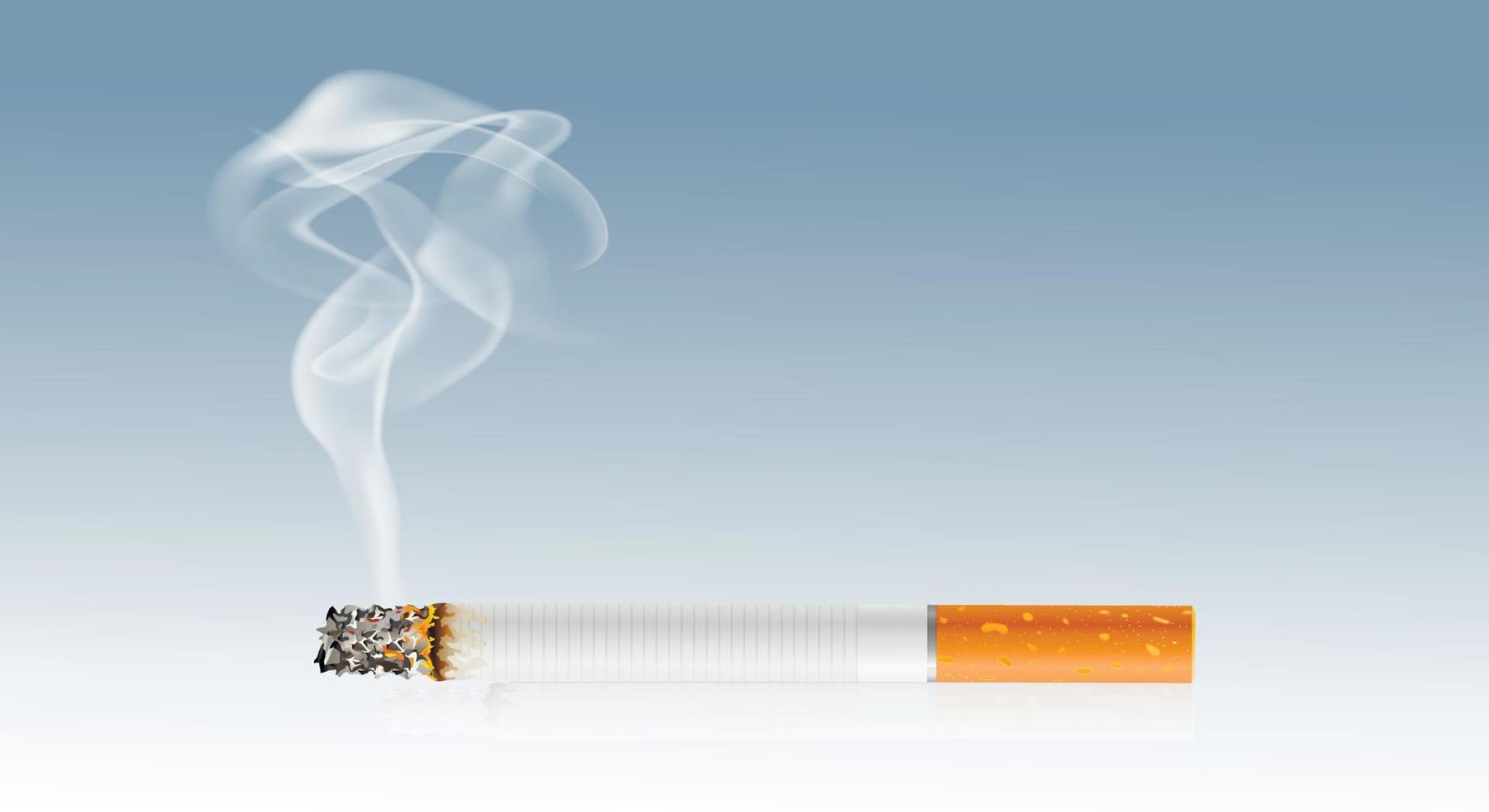 A smoking white cigarette with a yellow filter on a gray gradient background. Copy space. Vector illustration