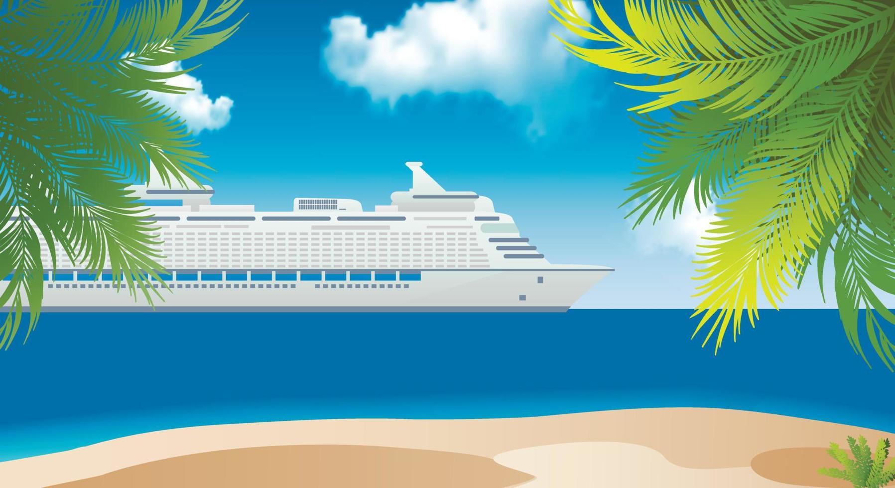 Cruise ship near the island with palm trees in the Caribbean. Early travel booking. Travel banner. copy space. Vector illustration