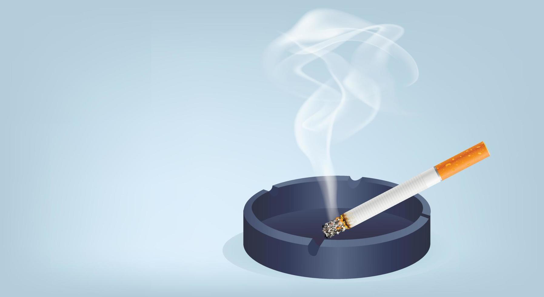 A gray ashtray with a smoking cigarette with a yellow filter. Copy space. Vector illustration