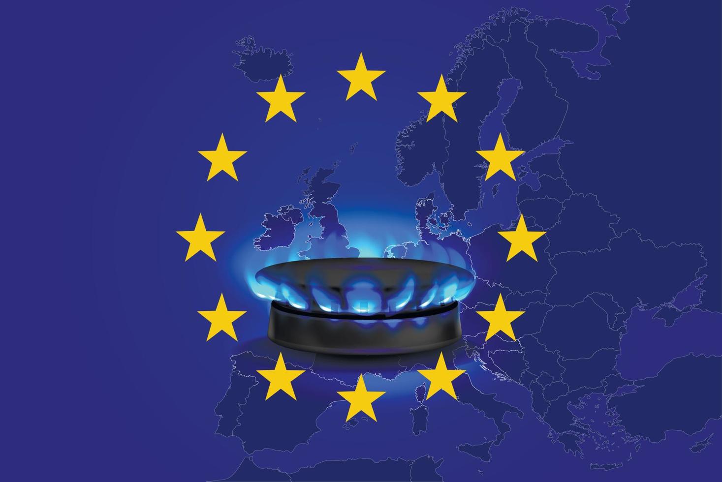 Gas crisis in the EU. Burning Gas Flame from a gas stove against the background of a map and the flag of the European Union. business banner. Vector illustration