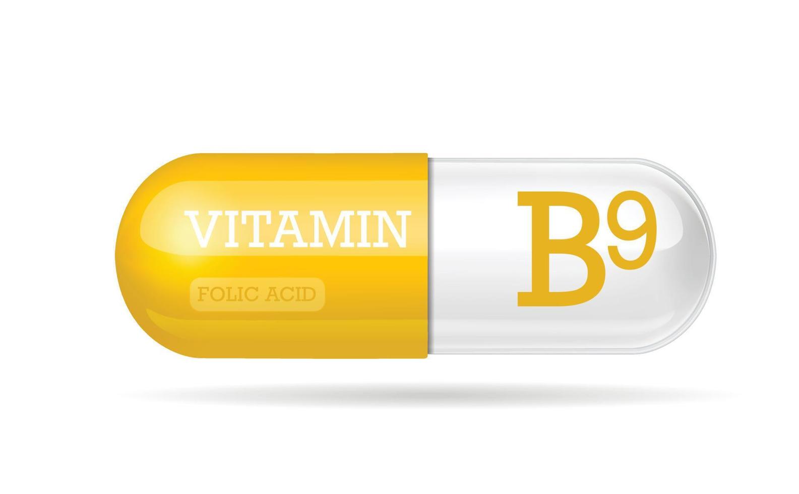 Capsule vitamin B9 structure orange and white . Beauty concept. 3D Vector Illustration. transparent capsule pill. Drug business concept. Vitamin complex with chemical formula. Personal care.