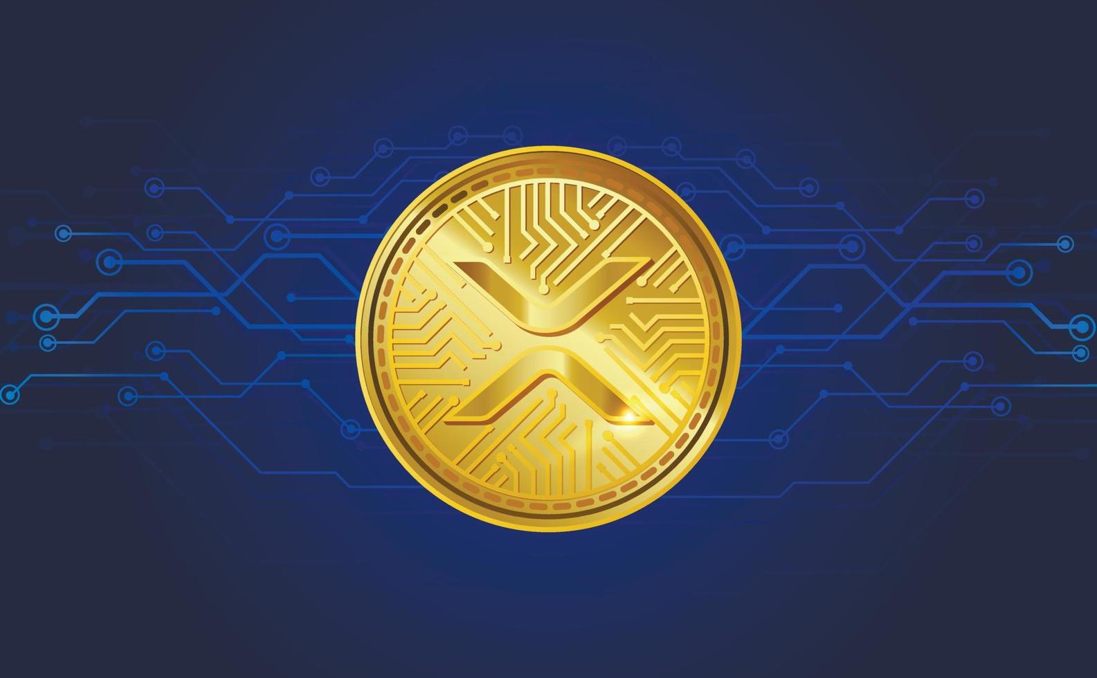 XRP token symbol. Golden realistic cryptocurrency coin on a blue crypto business background. Digital currency. digital coin. Forex. Poster. Vector illustration