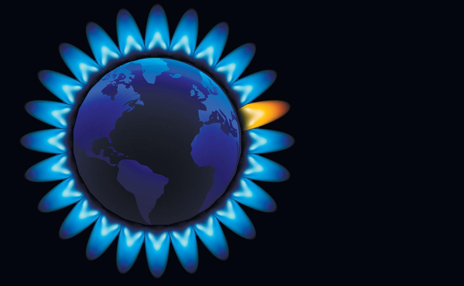 Gas crisis. Planet earth and blue flames of natural gas. Burning blue flame and one orange gas burner flame. copy space. Black background. View from above. Vector illustration