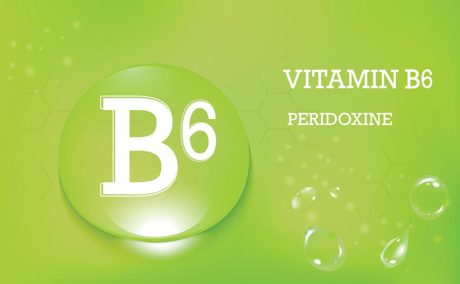 Water drops with vitamin B6, peridoxine green color. Vitamin complex. Beauty nutrition skin care design. Banner. Vector illustration