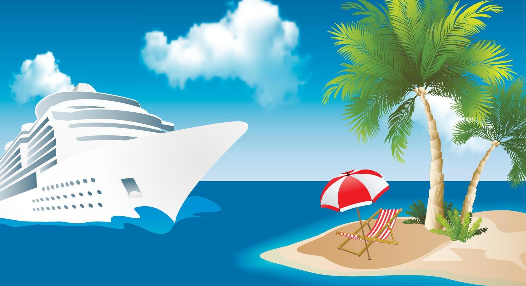 Tropical paradise. Cruise liner near the island with palm trees and sun lounger in the Caribbean Sea. Early travel booking. Travel banner. copy space. Vector illustration